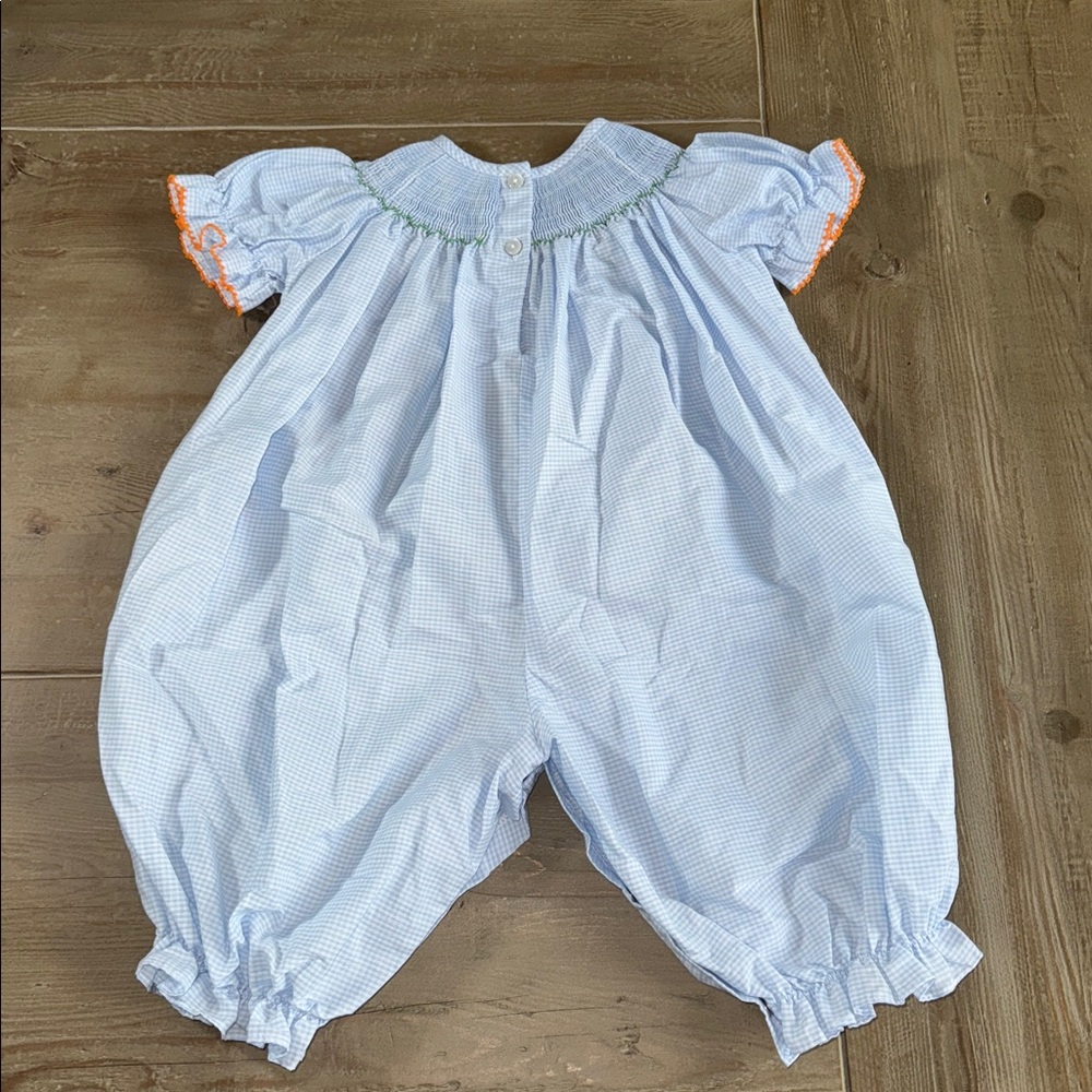 Southern Sunshine Girl Blue Gingham Gobble Gobble Smocked Long Bubble - 9M - Picture 10 of 11